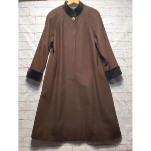 VTG Donnybrook Brown Wool Coat Trench Long Swing Velvet Trim 80s Russia Sz 10